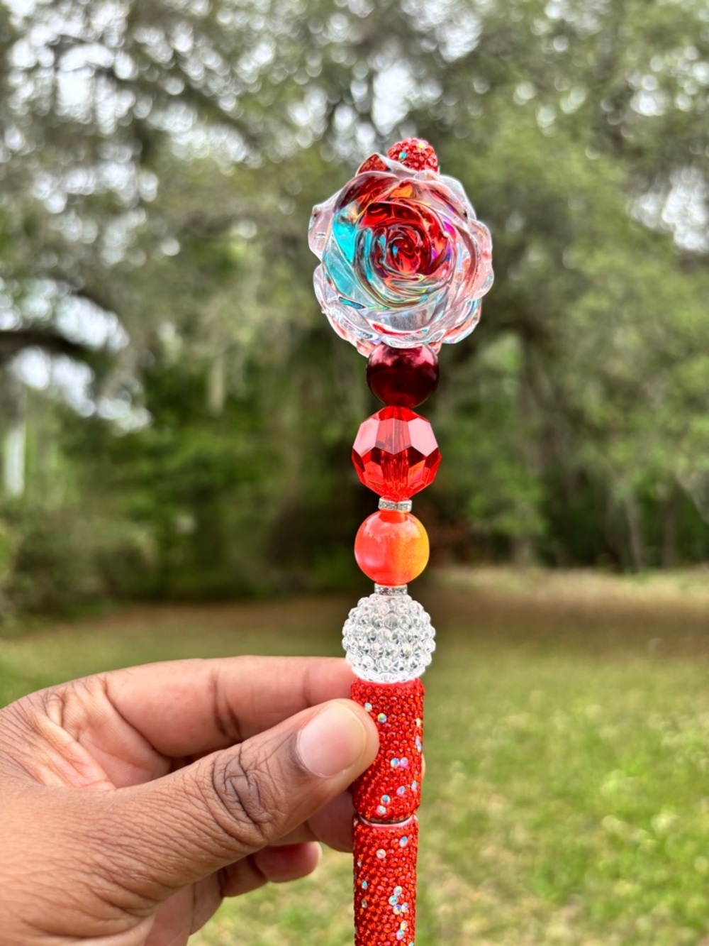 Handmade Rose Beaded Decorative  Rhinestone Pen - Turquoise, Red, Clear - Picture 2 of 3